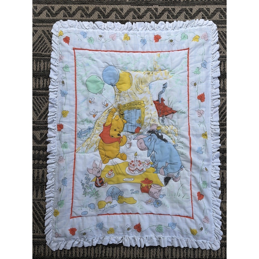Vintage Winnie the Pooh Party Reversible Quilted Ruffle Trim Bed Crib Comforter